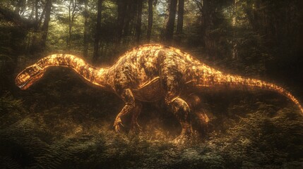 Poster - Digitally rendered holographic projection of a Diplodocus dinosaur walking through a dense verdant prehistoric forest landscape
