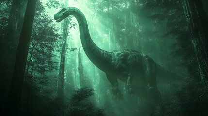 Poster - Stunning holographic projection of a life size Diplodocus dinosaur walking through a dense vibrant Jurassic era forest environment