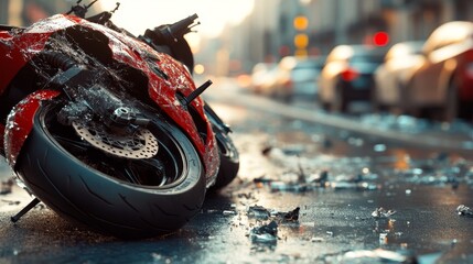 Wall Mural - A red motorcycle is laying on the road with a car behind it