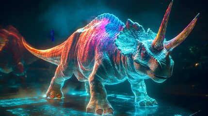 Poster - Stunning holographic projection of a Carnotaurus dinosaur with its distinctive horns displayed in a futuristic virtual environment