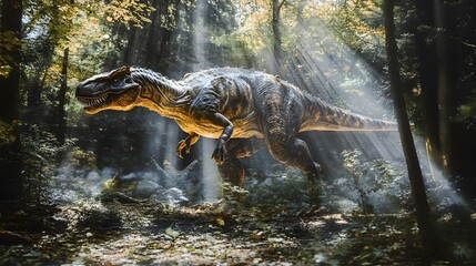 Poster - Stunning holographic depiction of a Megalosaurus a large carnivorous dinosaur from the Jurassic period prowling through a lush and immersive forest environment