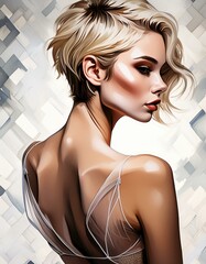 Wall Mural - studio portrait of a blonde woman with short hair wearing bikini on white background, fashion photography	