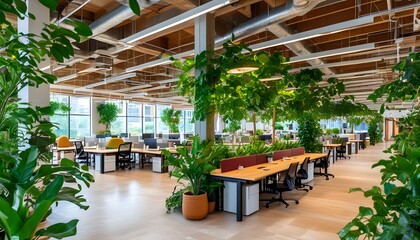 Bright and inviting open office space filled with greenery, natural light, and comfortable seating, fostering an atmosphere of productivity and creativity