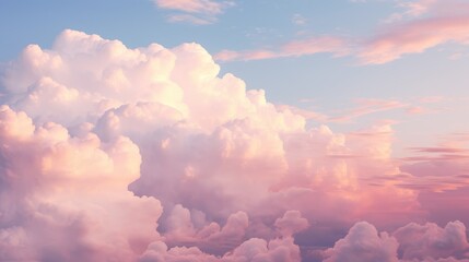 Poster - Blue sky with fluffy pink clouds at sunset, dawn of the day. Warm pastel colors, serene romantic background.