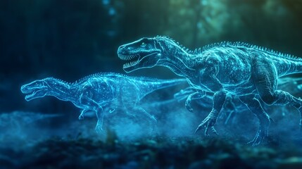Poster - Mesmerizing holographic display showcasing a group of Iguanodons prehistoric herbivorous dinosaurs walking together in a captivating and lifelike digital environment