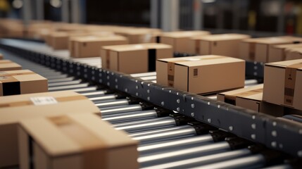 Cardboard boxes on a conveyor belt in a warehouse, in a goods distribution center.