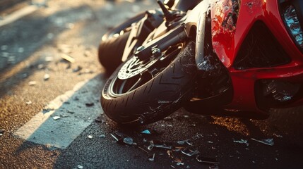 Wall Mural - A red motorcycle is laying on the road with a car behind it