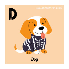Wall Mural - D for dog. ABC for kids education. Cute puppy in skeleton costume for halloween. Cartoon vector illustration.