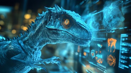 Poster - Hologram Exhibit Showcasing the Distinctive Crest of the Cryolophosaurus Dinosaur in a High Tech Museum Display