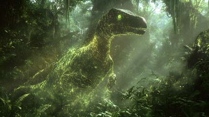 Poster - holographic projection of a hypsilophodon a small herbivorous dinosaur depicted in a lush verdant pr