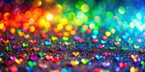 Beautiful background of colorful hearts and glittering bokeh