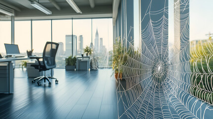 Wall Mural - 
Vacant office with spider webs symbolizes labor shortage and lack of skilled staff. Concept Labor shortage, Skilled staff, Office vacancy, Spider webs, Symbolism