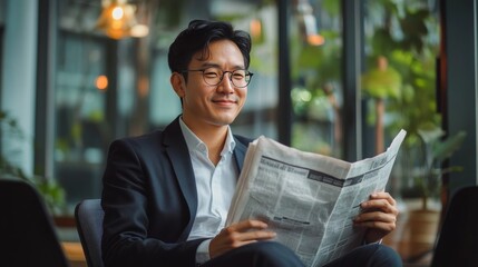 Asian businessman reads newspaper in office, smiling.