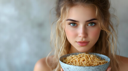 A young woman holding a bowl of noodles, looking at the camera.