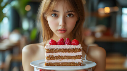 A young woman holding a layered cake topped with raspberries.