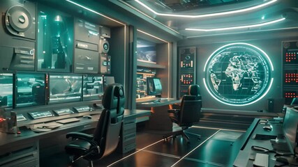 Poster - A modern, high-tech office with glowing screens and a large world map on the wall, A high-tech office with futuristic gadgets and computer screens