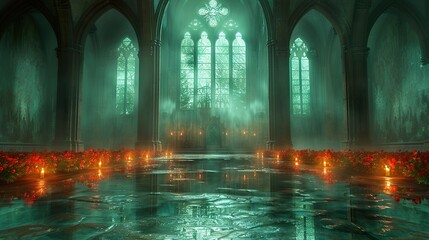 Wall Mural - Gothic Cathedral Interior with Candles and Flowers