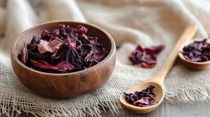 Close-up view of a wooden bowl and tea cup, along with a spoonful of dry hibiscus petals, set on a linen cloth background