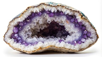 Wall Mural - Big geode with white and purple crystals isolated Forced Perspective