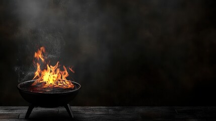 grill with burning and smoking barbeque with copy space on black background for the design of decorative cards, backgrounds, banners and posters