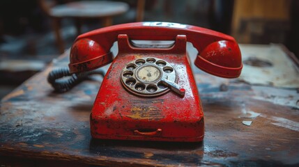 Vintage Red Rotary Phone on Wooden Table