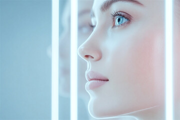 Beautiful woman with perfect skin is posing with futuristic neon lights reflecting on her face