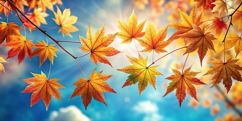 Crisp, vibrant leaves dance in the autumn breeze, their intricate veins and edges sharply defined against a soft, creamy blue sky.