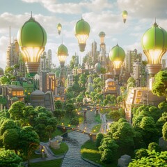 Wall Mural - A futuristic city with green buildings and flying light bulbs,  surrounded by lush greenery and a winding river.