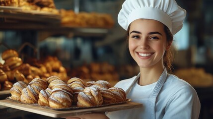 Smiling Female Baker Holding Freshly Baked Pastries in a Bakery Shop