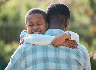 Wall Mural - Father, smile and hug African child outdoor for love, care and people together. Happy dad, kid and embrace boy in garden for connection, support or family celebrate adoption with parent in backyard