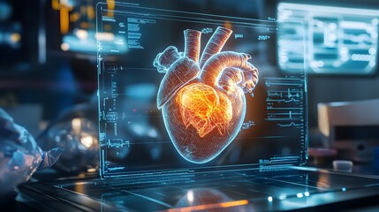 Poster - Detailed holographic visualization of the human heart displayed during a medical procedure showcasing advanced digital technology in the healthcare industry