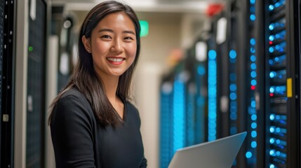 Poster - smiling it professional working in a modern data center with server racks and laptop