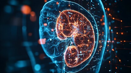 Poster - Holographic display showcasing a detailed 3D model of the human spleen highlighting areas relevant for medical care education and research purposes