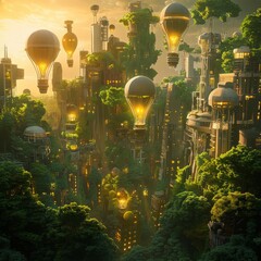 Wall Mural - A futuristic city with hot air balloons floating in the sky. The city is surrounded by lush greenery.