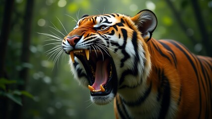 a tiger with an open mouth exposing yellow sharp teeth.