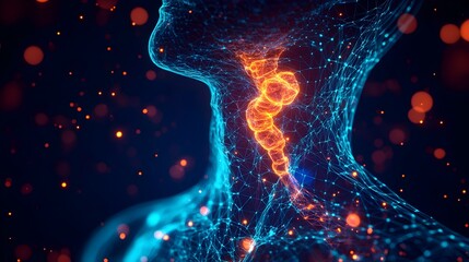 Poster - A digital hologram projection displaying a detailed visualization of the endocrine system with a primary focus on the thyroid gland designed for medical education research and clinical applications