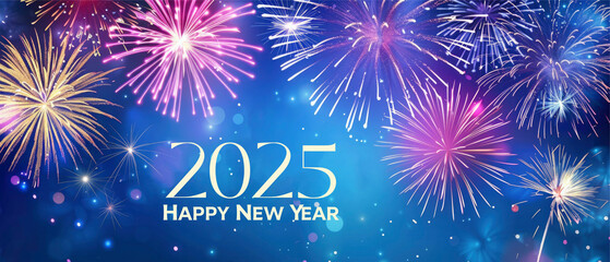 Happy new year, silvester new year, new year's eve number of year 2025 party event celebration holiday greeting card with text, fireworks on blue bokeh background with text