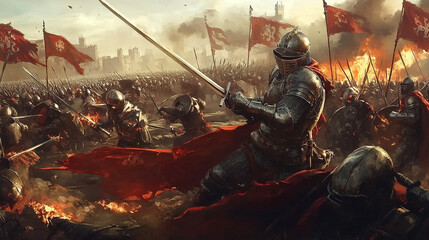 Knights in armor wield swords and fight in the chaos of war, while flags fluttering in the wind and flames burning in the distance show the intensity of the battle.