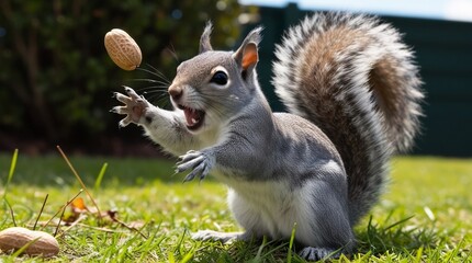 A squirrel with its mouth open catches a peanut on the green grass