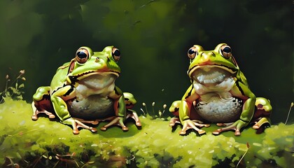 Peaceful encounter of two frogs on lush green moss, gazing at the camera in a serene natural setting