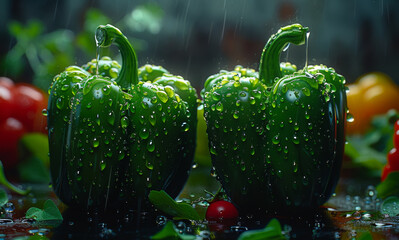 Fresh green bell peppers with water droplets on the counter. Two vibrant green bell peppers are covered in water droplets