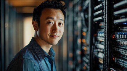 Poster - smiling it professional in data center surrounded by server racks and networking equipment