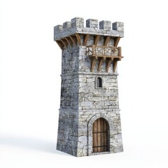 3D Render of a fortified stone watchtower with battlements and a lookout window, on isolated white background