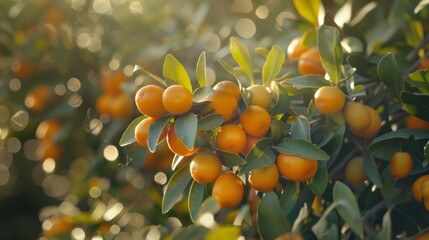 Harvest of ripe kumquats on a branch in the garden, agribusiness business concept, organic healthy food and non-GMO fruits with copy space
