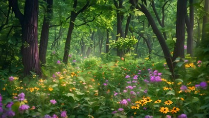 Wall Mural - A vibrant forest scene with lush green trees and a carpet of colorful wildflowers, A lush forest filled with vibrant green trees and colorful flowers