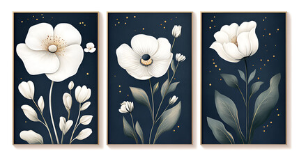 Wall Mural - Three art posters with white flowers on dark blue backgrounds