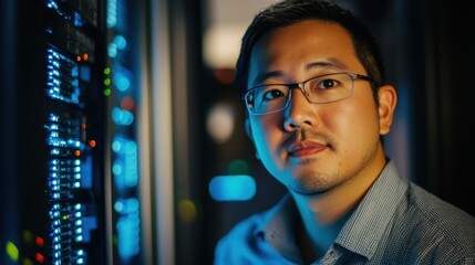 Poster - portrait of a professional it specialist in a modern data center with server racks and led lights