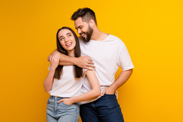 Sticker - Photo portrait of attractive young man woman look empty space cuddle dressed stylish white clothes isolated on yellow color background