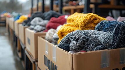 Boxes filled with colorful knitted sweaters for sale.