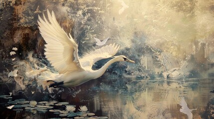 A white swan in flight over a serene lake with lily pads and other birds.